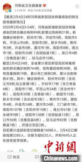 图为河南省卫健委5日发布的疫情情况 官微截图 河南新型肺炎累计确诊病例764例 已治愈41例